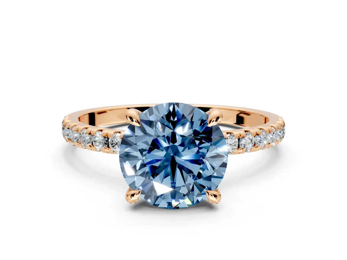 Solitaire Engagement Ring Setting for Fancy Blue Round Cut Center with Fine Pave Narrow Band and Prong Head in Rose Gold