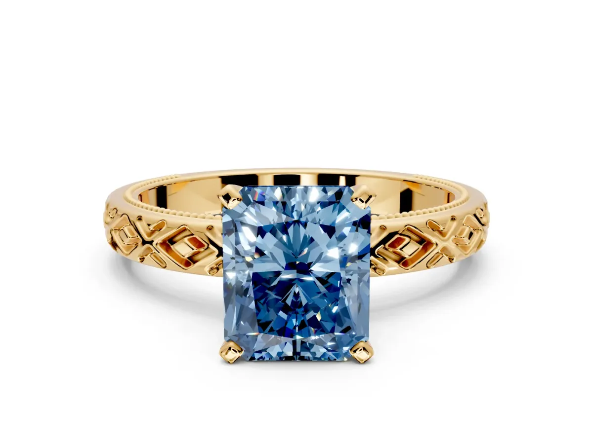Solitaire Engagement Ring Setting for Fancy Blue Radiant Cut Center with Milgrain X Pattern Band and Prong Head in Yellow Gold