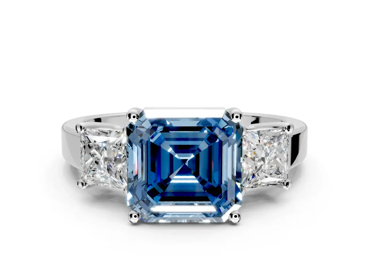 3 Stone Engagement Ring Setting for Fancy Blue Asscher Cut Center with Matching Side Accents and Prong Head in Platinum