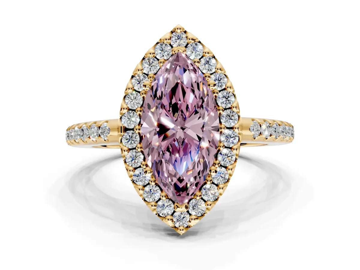Pave Halo Engagement Ring Setting for Fancy Pink Marquise Center with Single Row Pave Band and Prong Head in Yellow Gold