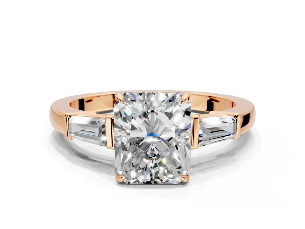 3 Stone Engagement Ring Setting for Radiant Cut Center with Baguette Accents and Prong Head in Rose Gold