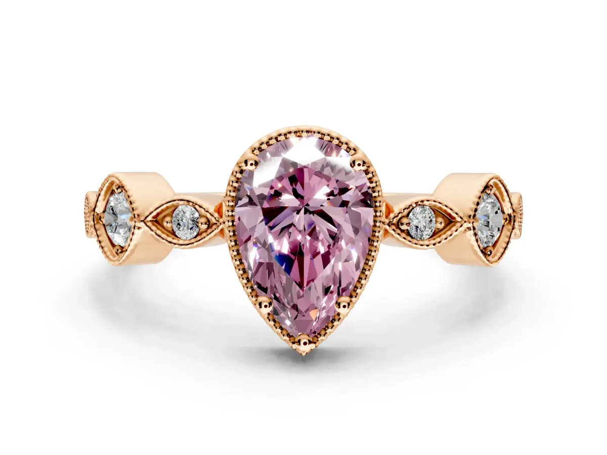 Vintage Station Engagement Ring Setting for Fancy Pink Pear-Shaped Center with Accents and Prong Head in Rose Gold