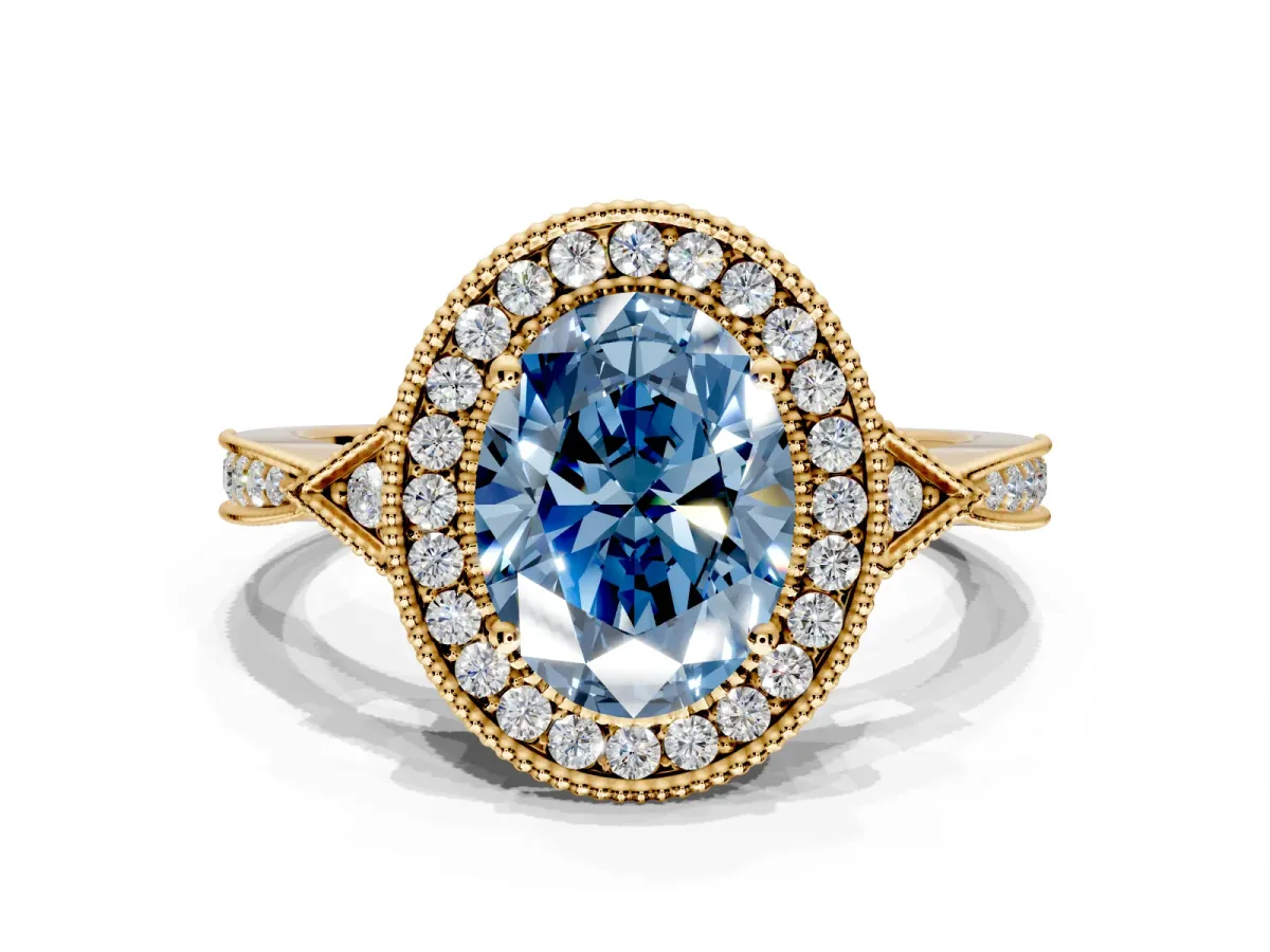 Halo Engagement Ring Setting for Fancy Blue Oval Center with Milgrain Rim, Pave Band and Prong Head in Yellow Gold