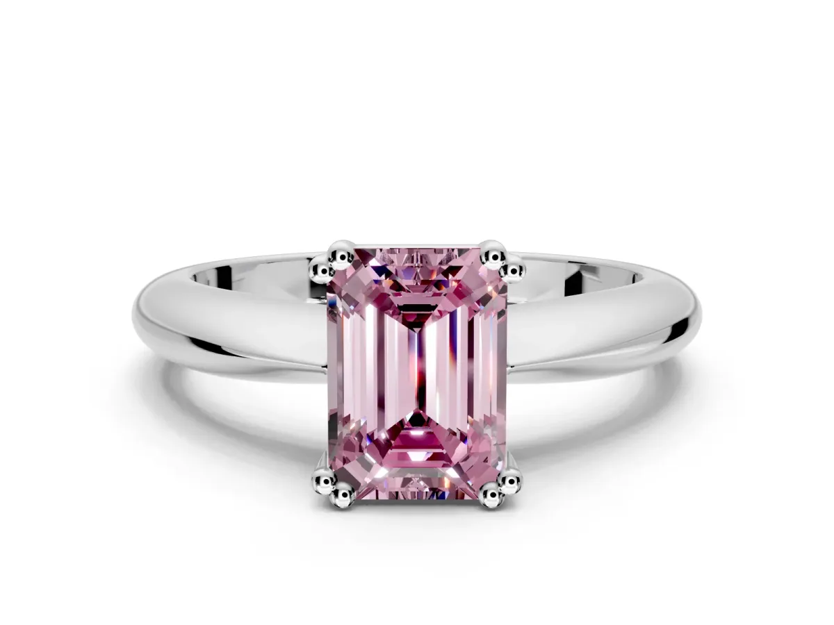 Solitaire Engagement Ring Setting for Fancy Pink Emerald Cut Center with Reverse Tapered Band and Prong Head in Sterling Silver