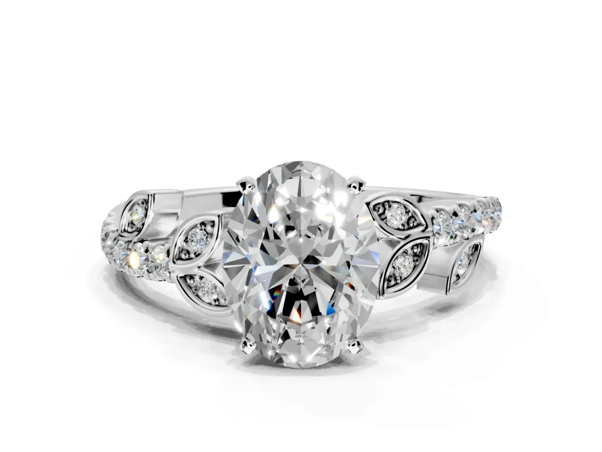 Leaf Motif Engagement Ring Setting for Oval Center with Pave Band and Prong Head in Platinum