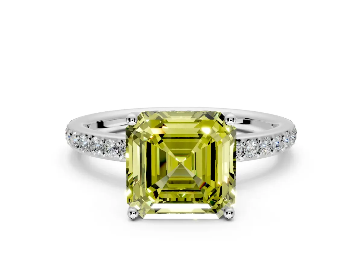 Solitaire Engagement Ring Setting for Fancy Yellow Asscher Cut Center with Fine Pave Band and Prong Head in Platinum