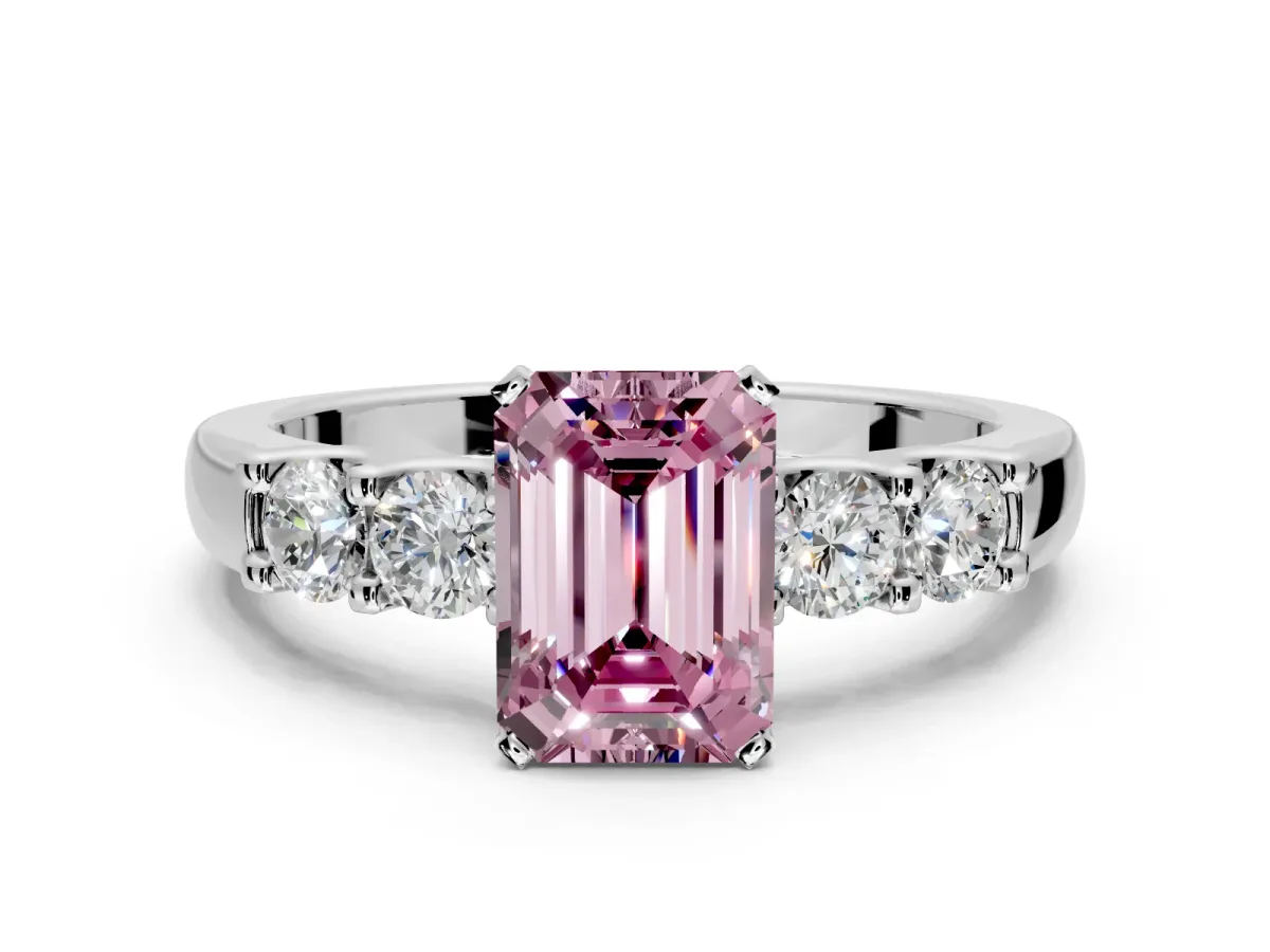 5 Stone Engagement Ring Setting for Fancy Pink Emerald Cut Center with Plain Band and Prong Head in Platinum