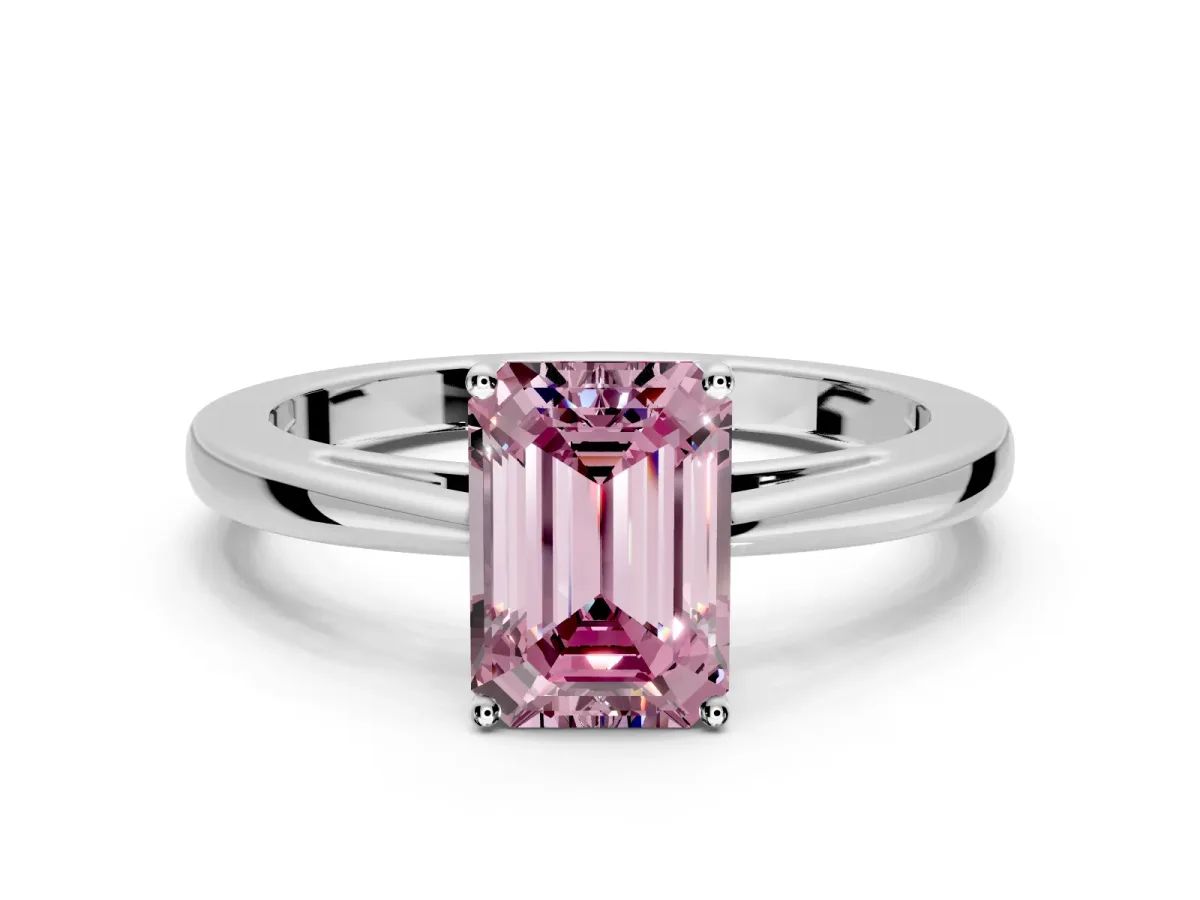 Solitaire Engagement Ring Setting for Fancy Pink Emerald Cut Center with Open Cathedral Shoulders and Prong Head in Platinum