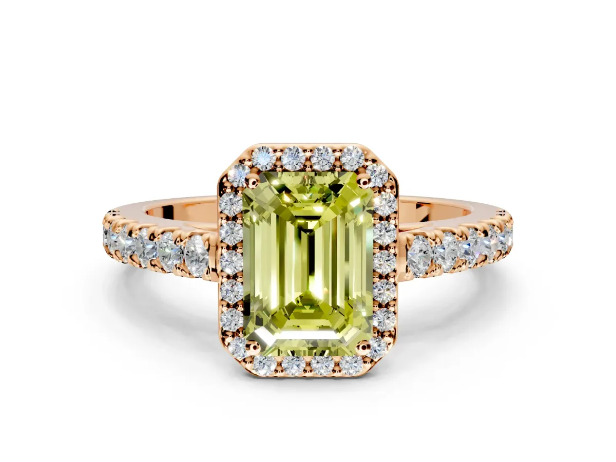 Halo Engagement Ring Setting for Fancy Yellow Emerald Cut Center with Full Pave Band and Prong Head in Rose Gold