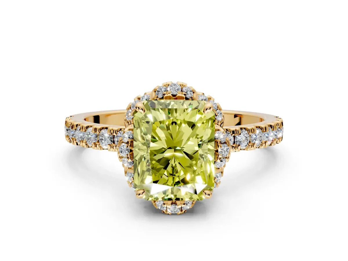Halo Engagement Ring Setting for Fancy Yellow Radiant Cut Center with Openwork Halo, Pave Band and Prong Head in Yellow Gold