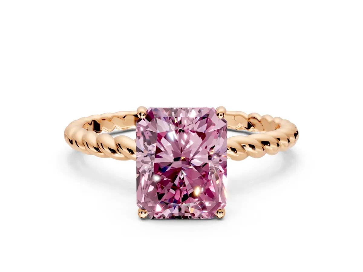 Solitaire Engagement Ring Setting for Fancy Pink Radiant Cut Center with Plain Twisted Rope Band and Prong Head in Rose Gold