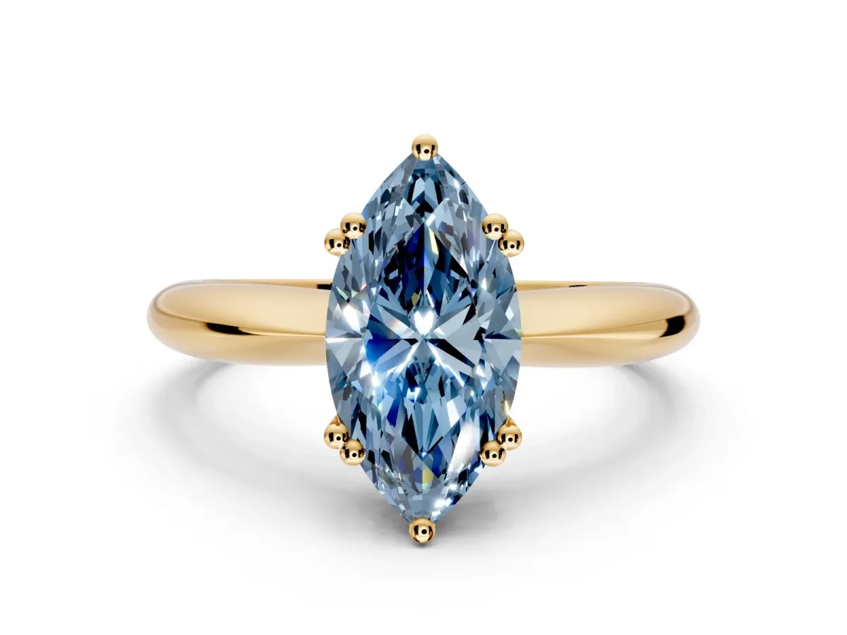 Solitaire Engagement Ring Setting for Fancy Blue Marquise Center with Reverse Tapered Band and Prong Head in Yellow Gold