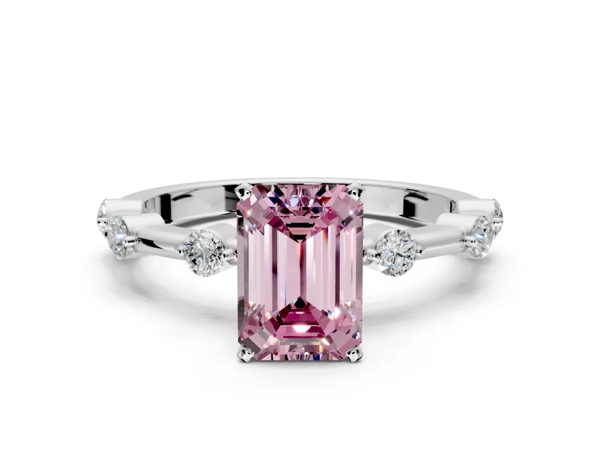 Solitaire Engagement Ring Setting for Fancy Pink Emerald Cut Center with Bezel Station Band and Prong Head in Platinum