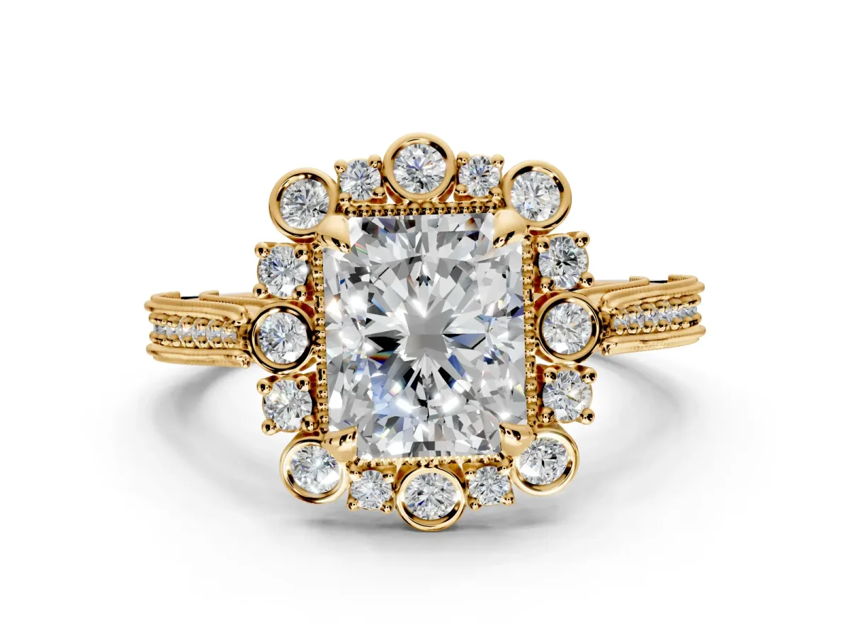Milgrain Halo Engagement Ring Setting for Radiant Cut Center with Bezel Point Accents and Prong Head in Yellow Gold