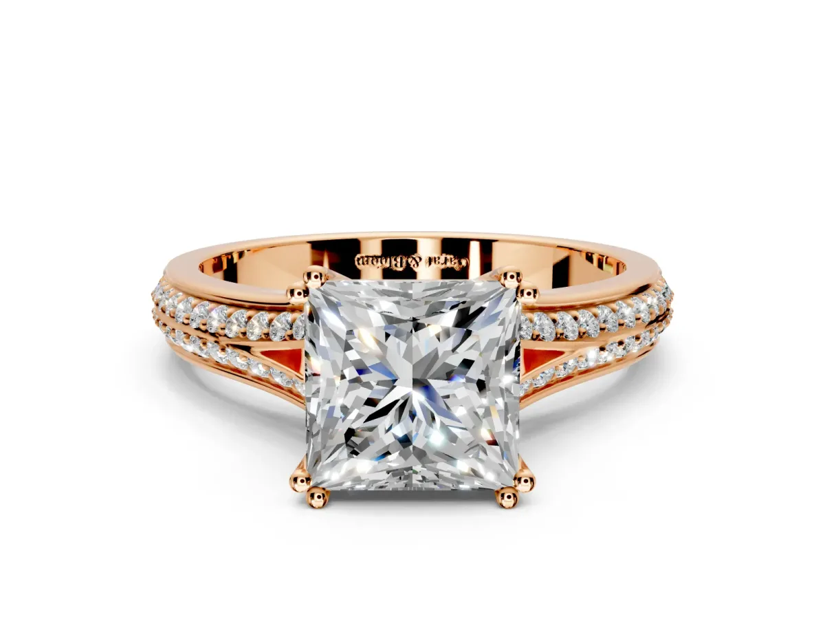 Solitaire Engagement Ring Setting for Princess Cut Center with Pave Rail Split Shank and Prong Head in Rose Gold