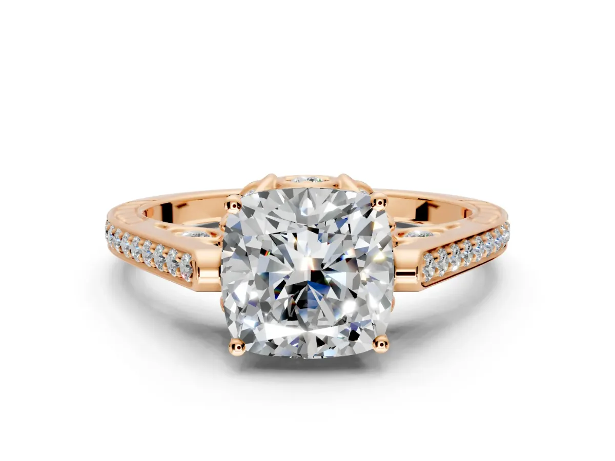 Cathedral Engagement Ring Setting for Cushion Cut Center with Antique-Style Pave Band and Prong Head in Rose Gold