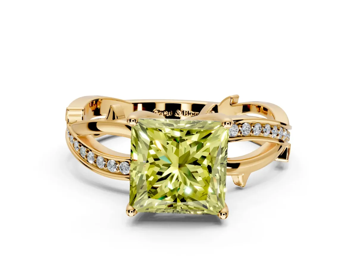 Solitaire Engagement Ring Setting for Fancy Yellow Princess Cut Center with Pave and Plain Crossover Band and Prong Head in Yellow Gold
