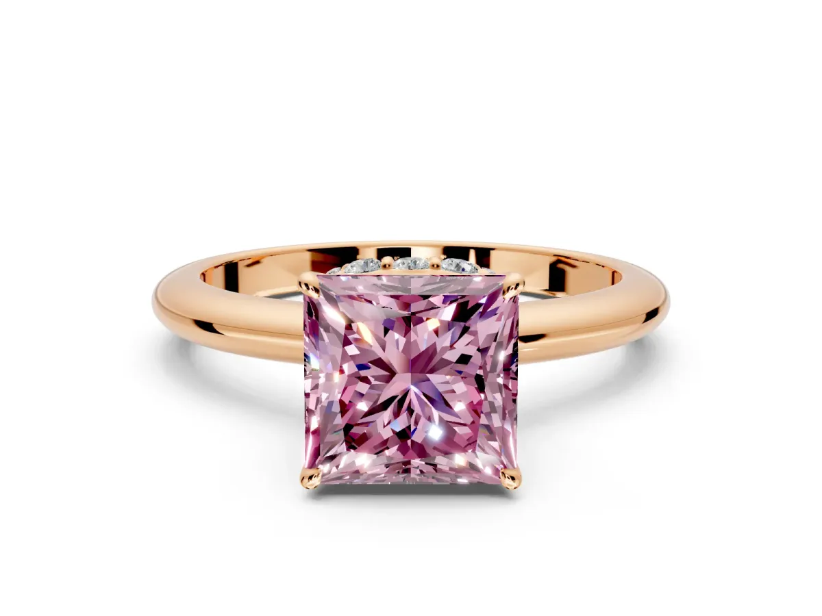 Hidden Halo Engagement Ring Setting for Fancy Pink Princess Cut Center with Plain Rounded Band and Prong Head in Rose Gold