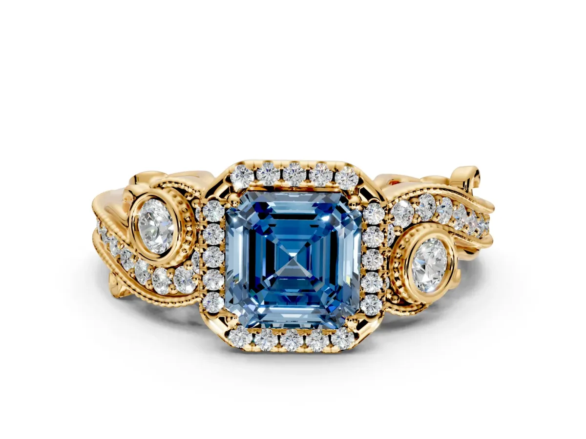 Milgrain Halo Engagement Ring Setting for Fancy Blue Asscher Cut Center with Shoulder Bezels and Prong Head in Yellow Gold