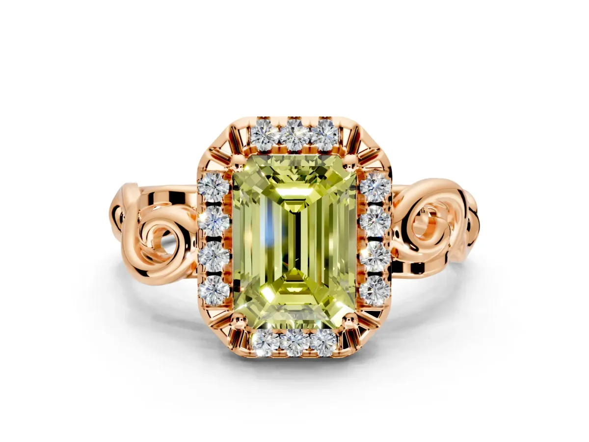 Halo Engagement Ring Setting for Fancy Yellow Emerald Cut Center with Open Scroll Shoulders and Prong Head in Rose Gold
