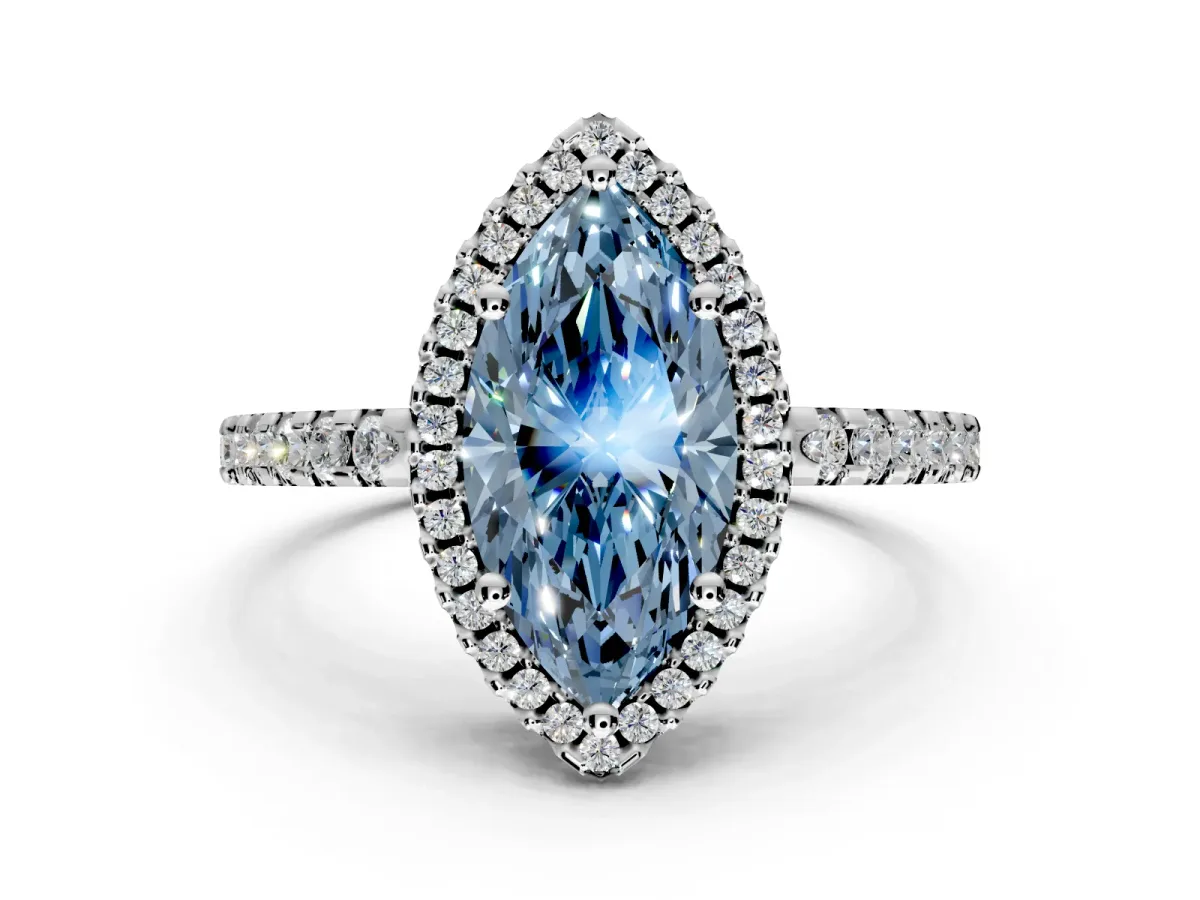 Accent Halo Engagement Ring Setting for Fancy Blue Marquise Center with Full-Length Pave Band and Prong Head in White Gold