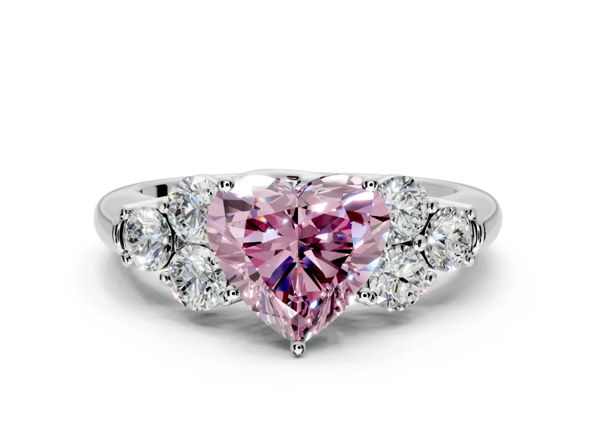 Cluster Engagement Ring Setting for Fancy Pink Heart-Shaped Center with Round Cut Accent Frame and Prong Head in White Gold