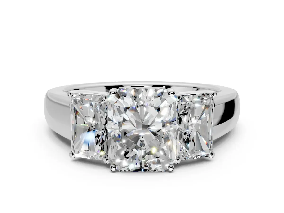 3 Stone Engagement Ring Setting for Radiant Cut Center with Raised Basket Heads and Prong Head in Platinum