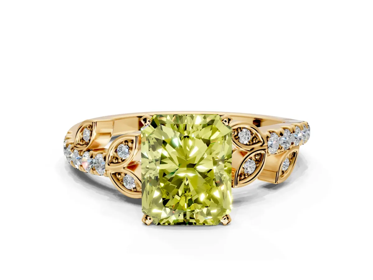Leaf Motif Engagement Ring Setting for Fancy Yellow Radiant Cut Center with Pave Band and Prong Head in Yellow Gold