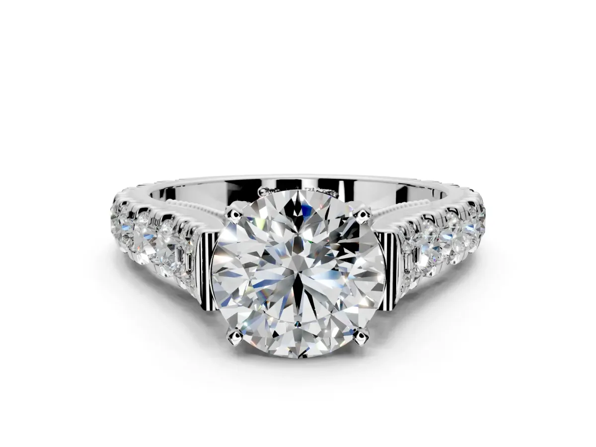 Solitaire Engagement Ring Setting for Round Cut Center with Pave Cathedral Shoulders and Prong Head in White Gold