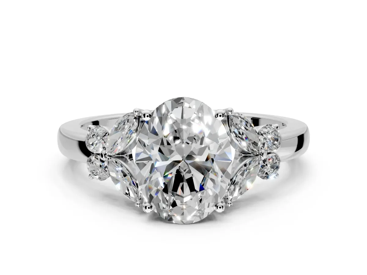 Solitaire Engagement Ring Setting for Oval Center with Marquise Flower Shoulders and Prong Head in Sterling Silver