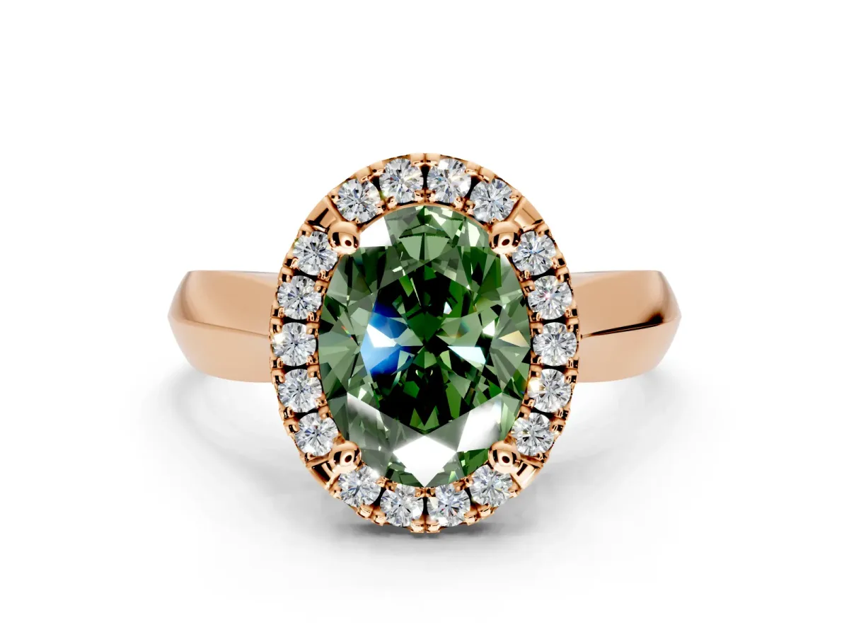 Halo Engagement Ring Setting for Fancy Green Oval Center with Square Band and Prong Head in Rose Gold