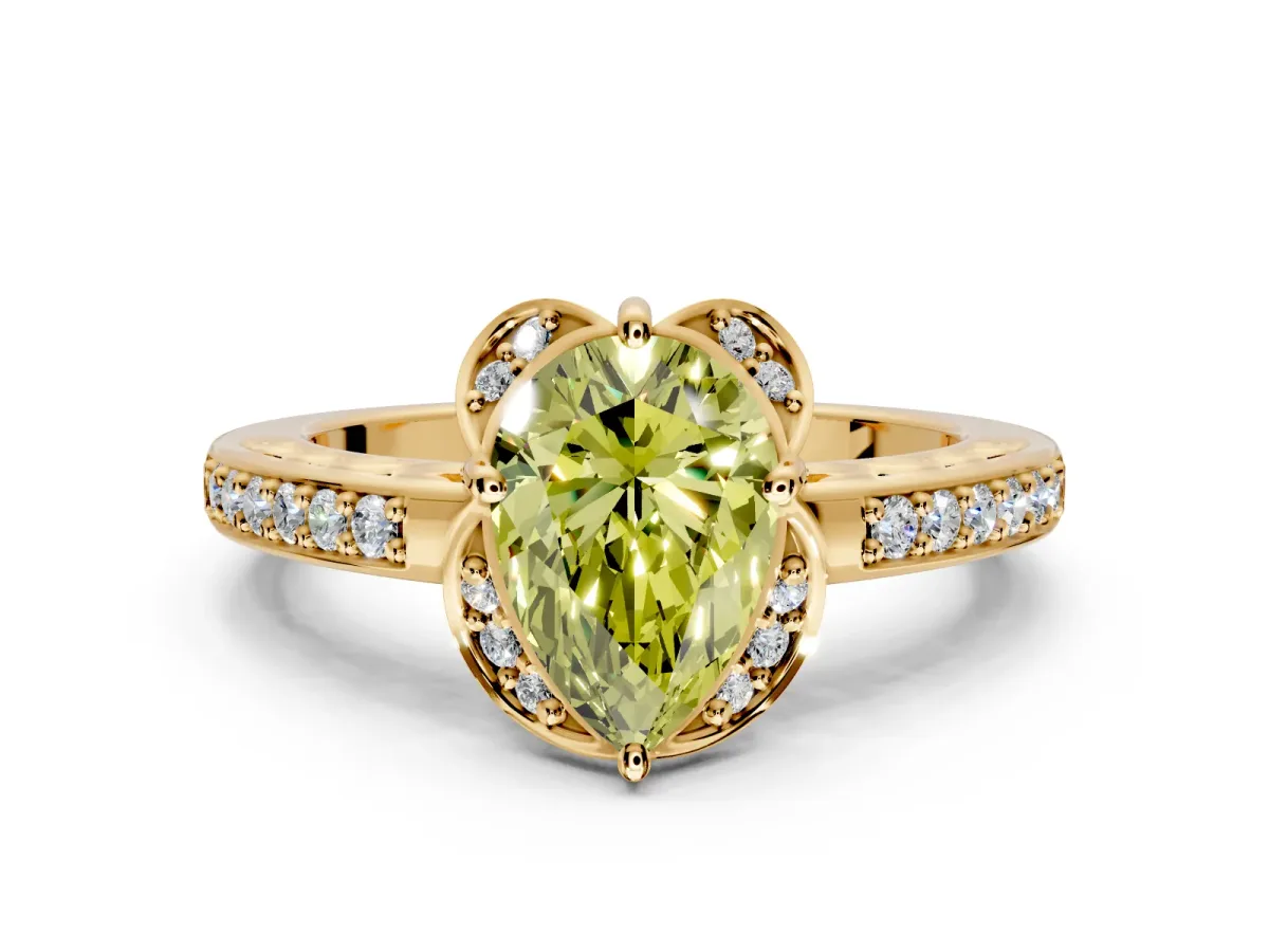 Floral Engagement Ring Setting for Fancy Yellow Pear-Shaped Center with Four Accent Clusters and Prong Head in Yellow Gold