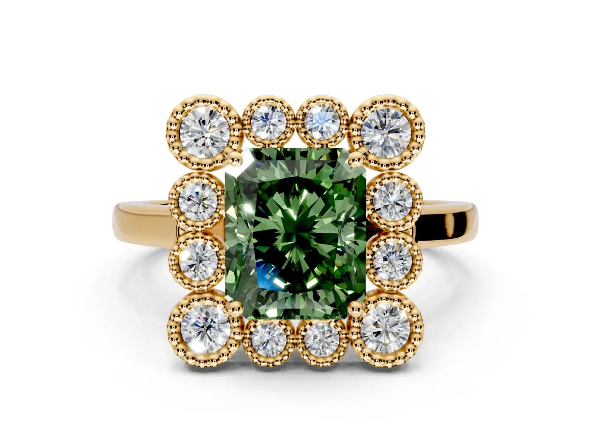 Cluster Halo Engagement Ring Setting for Fancy Green Radiant Cut Center with Milgrain Bezel Accents and Prong Head in Yellow Gold