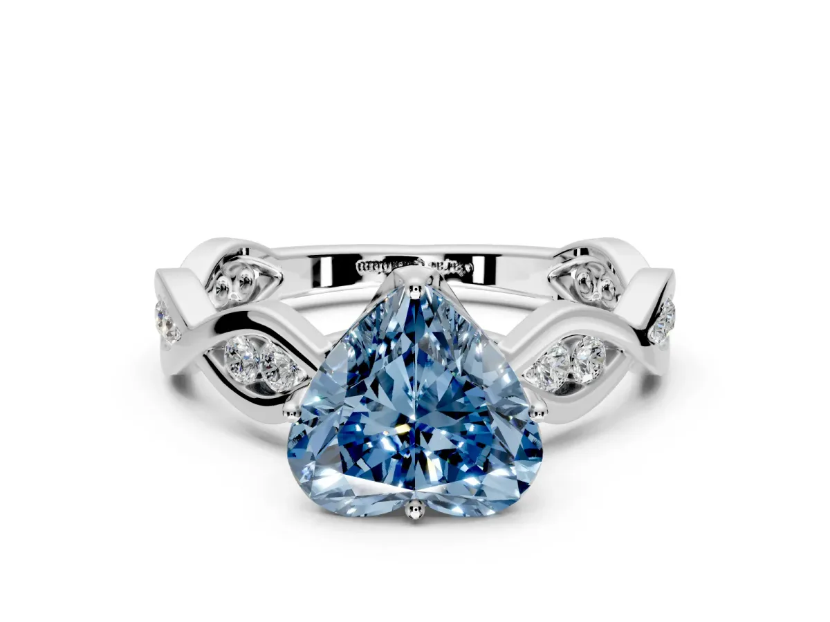 Solitaire Engagement Ring Setting for Fancy Blue Heart-Shaped Center with Accented Twist Band and Leaf Prong Head in Sterling Silver