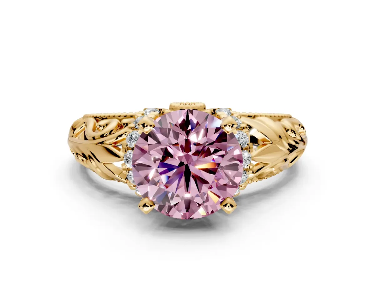 Solitaire Engagement Ring Setting for Fancy Pink Round Cut Center with Filigree Accent Basket and Prong Head in Yellow Gold
