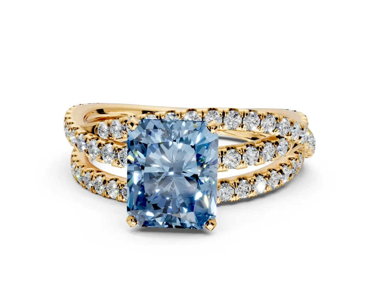 Solitaire Engagement Ring Setting for Fancy Blue Radiant Cut Center with Woven 3-Strand Pave Band and Prong Head in Yellow Gold