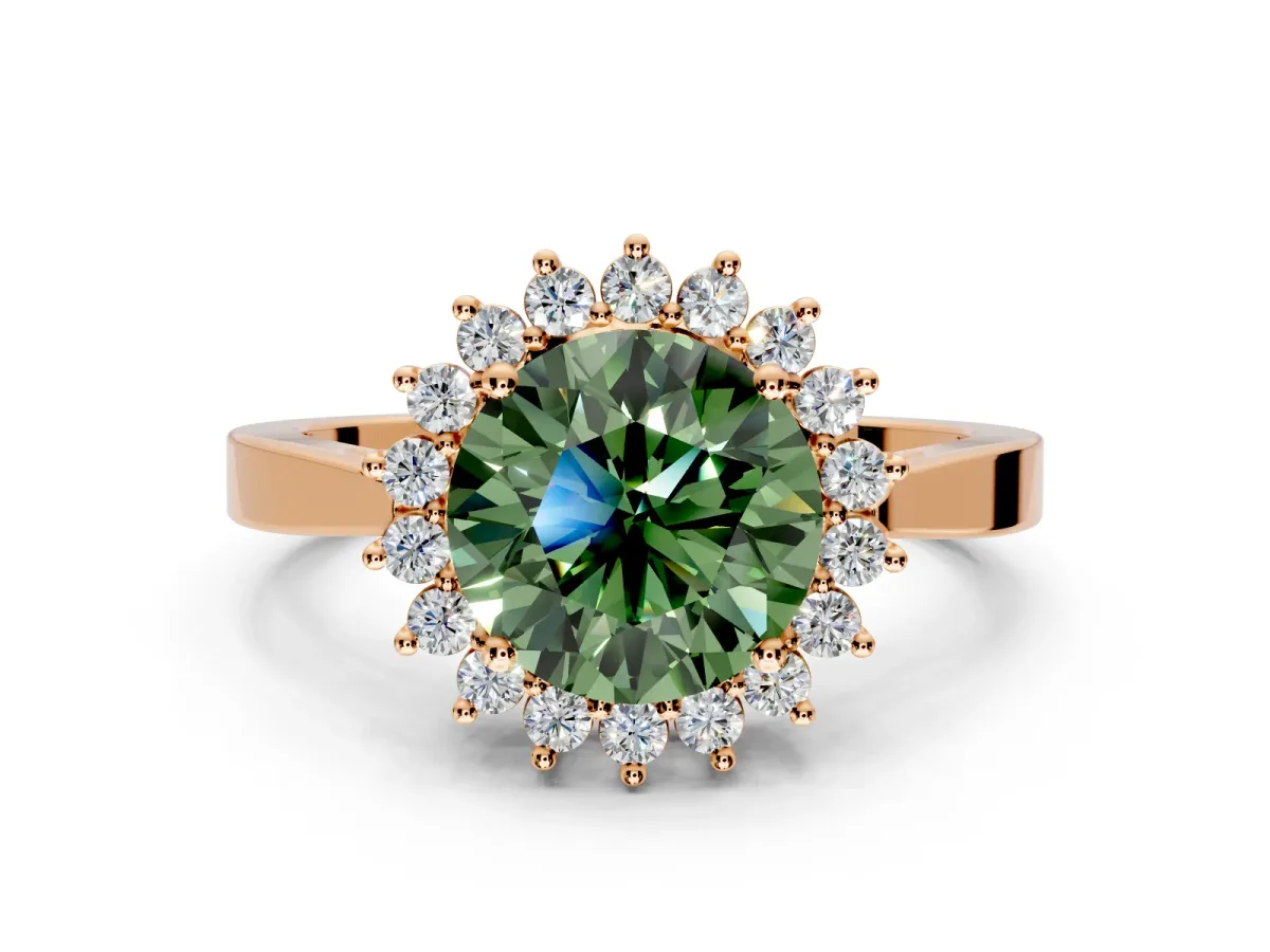 Starburst Halo Engagement Ring Setting for Fancy Green Round Cut Center with Flat Cathedral Band and Prong Head in Rose Gold