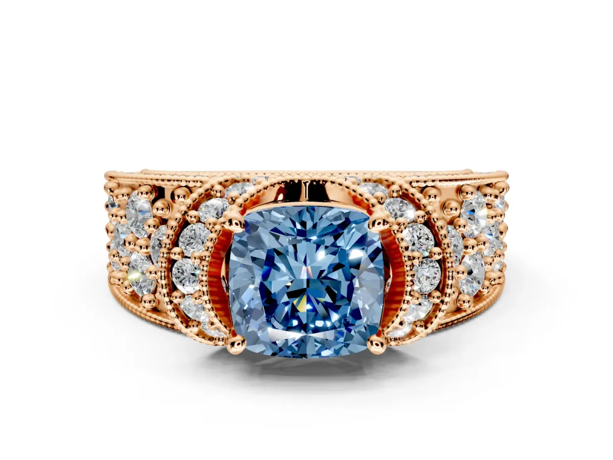 Pave Engagement Ring Setting for Fancy Blue Cushion Cut Center with Curved Accent Rows, Openwork and Prong Head in Rose Gold