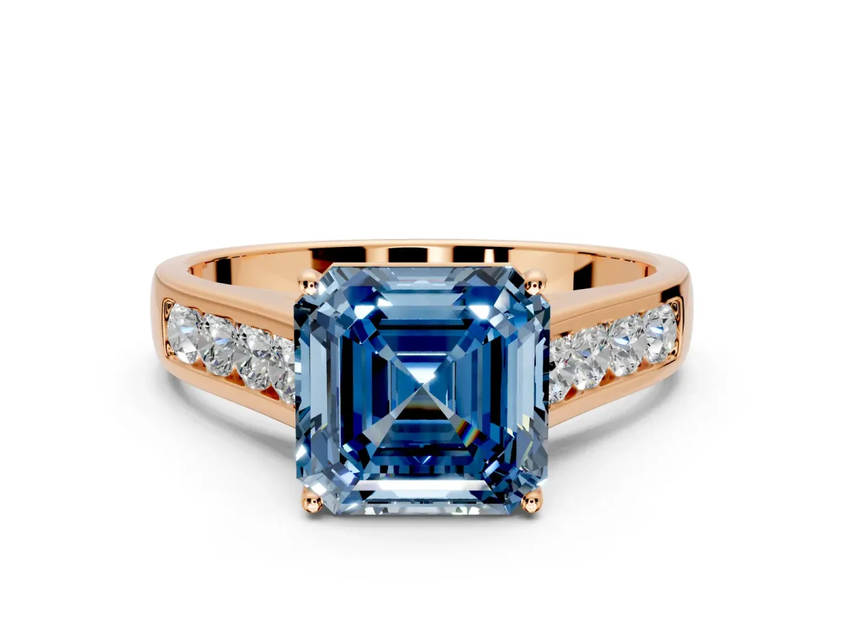 Solitaire Engagement Ring Setting for Fancy Blue Asscher Cut Center with Round Cut Channel Band and Prong Head in Rose Gold