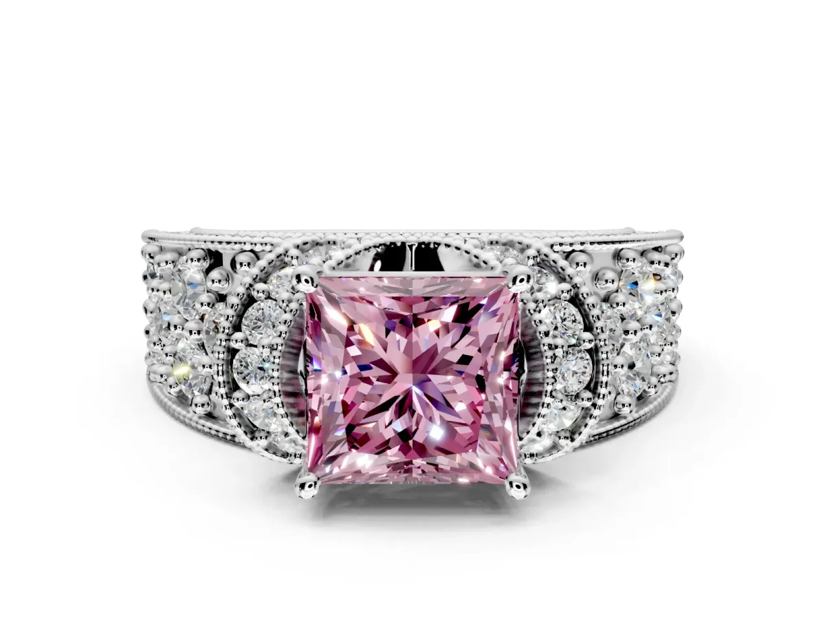 Pave Engagement Ring Setting for Fancy Pink Princess Cut Center with Curved Accent Rows, Openwork and Prong Head in White Gold