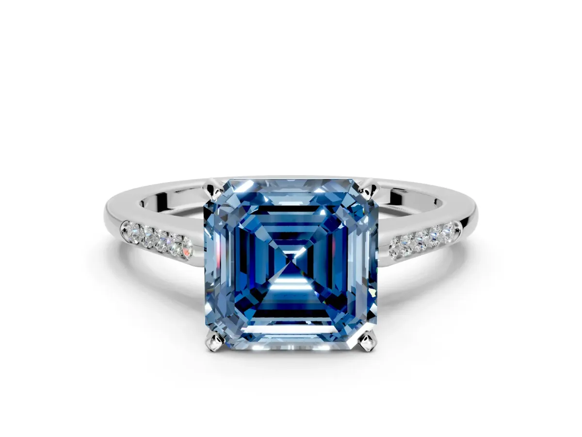 Solitaire Engagement Ring Setting for Fancy Blue Asscher Cut Center with Channel Accents and Prong Head in Platinum