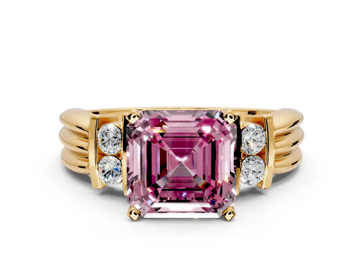 Solitaire Engagement Ring Setting for Fancy Pink Asscher Cut Center with Grooved Bar Accent Band and Prong Head in Yellow Gold