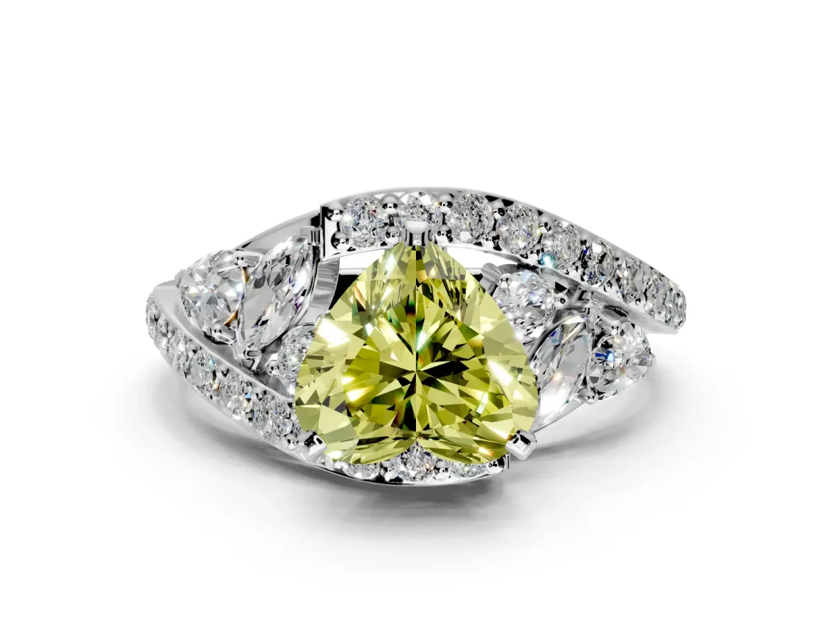 Halo Engagement Ring Setting for Fancy Yellow Heart-Shaped Center with Marquise and Pave Bypass Band and Prong Head in White Gold