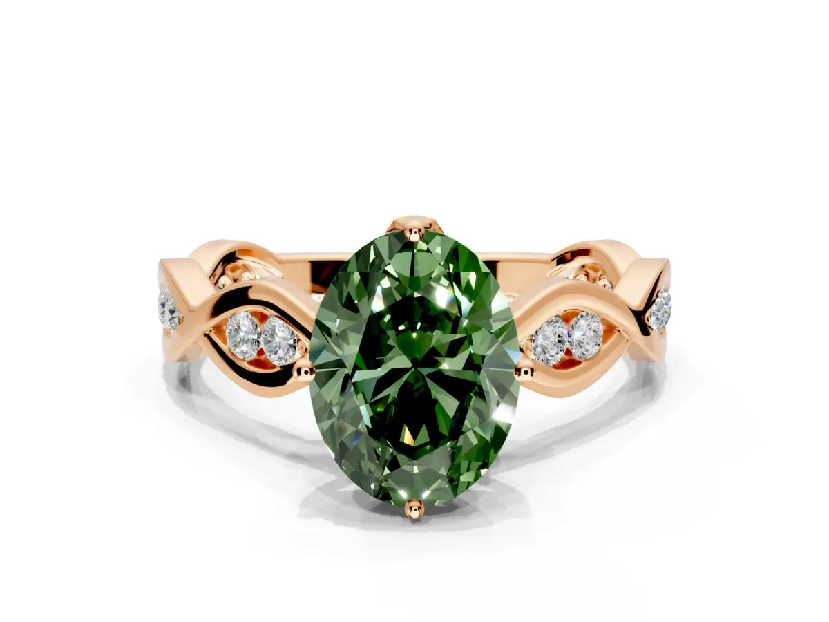 Solitaire Engagement Ring Setting for Fancy Green Oval Center with Accented Twist Band and Leaf Prong Head in Rose Gold