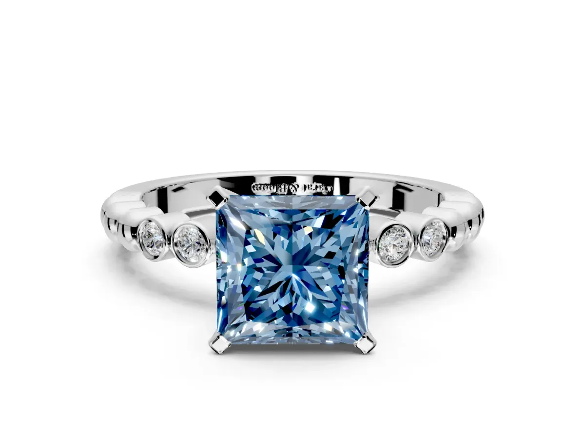 Solitaire Engagement Ring Setting for Fancy Blue Princess Cut Center with Bezel-Dot Beaded Band and Prong Head in Sterling Silver
