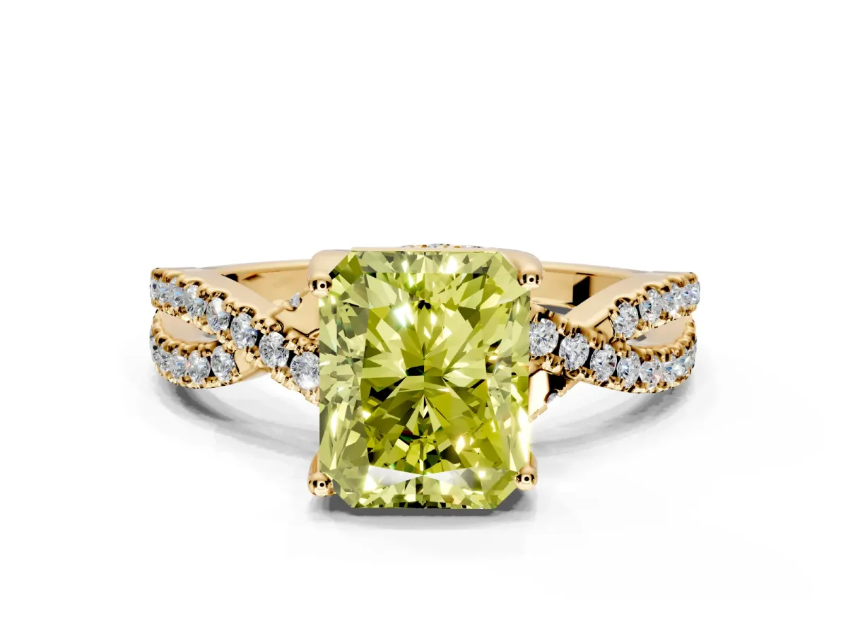 Solitaire Engagement Ring Setting for Fancy Yellow Radiant Cut Center with Narrow Twist Pave Band and Prong Head in Yellow Gold