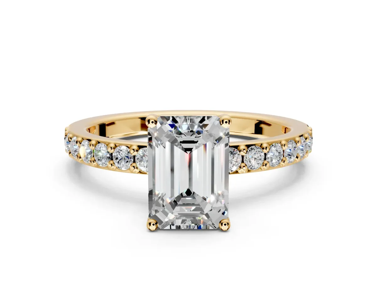 Solitaire Engagement Ring Setting for Emerald Cut Center with Round Cut Pave Band and Prong Head in Yellow Gold