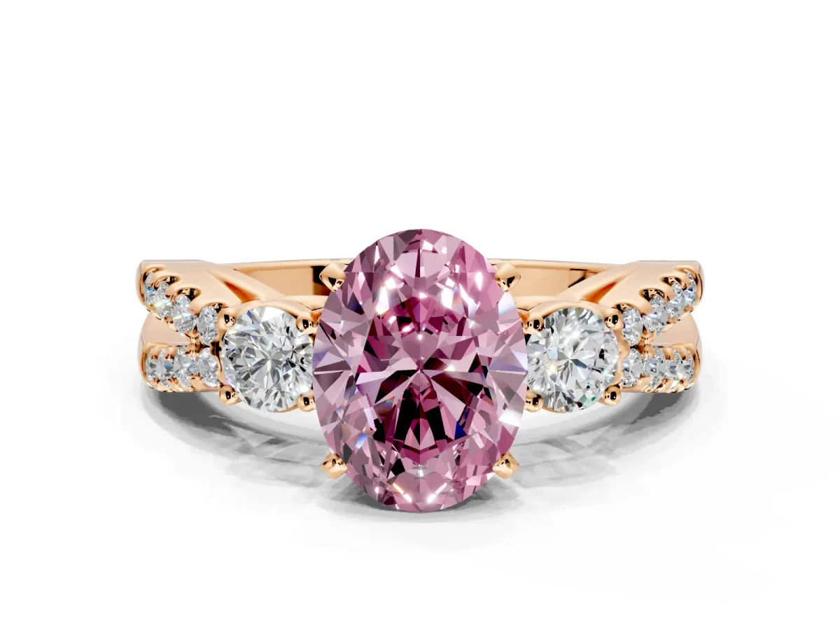 3 Stone Engagement Ring Setting for Fancy Pink Oval Center with Pave Split Shank and Prong Head in Rose Gold