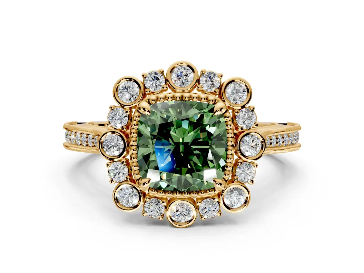 Milgrain Halo Engagement Ring Setting for Fancy Green Cushion Cut Center with Bezel Point Accents and Prong Head in Yellow Gold