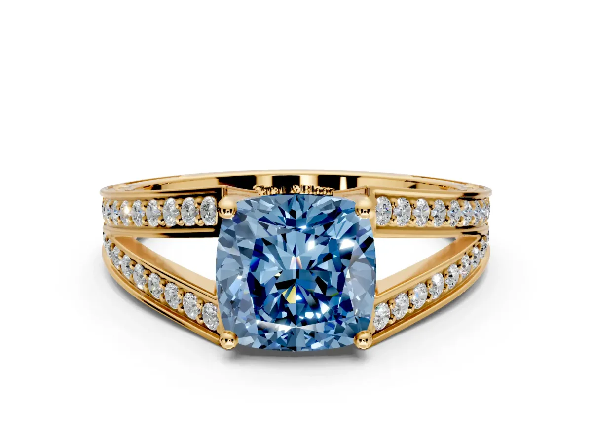 Split Shank Engagement Ring Setting for Fancy Blue Cushion Cut Center with Pave Split Shank and Prong Head in Yellow Gold